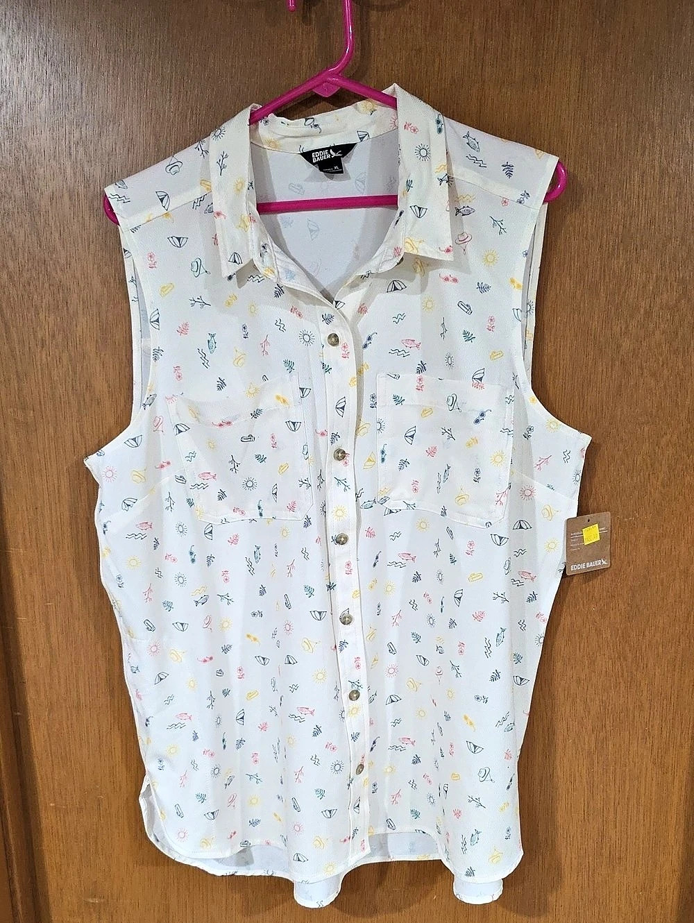 Eddie Bauer Sleeveless Printed Button Down in White - Size XL NWT